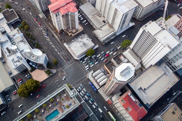 Aerial view of a city intersection